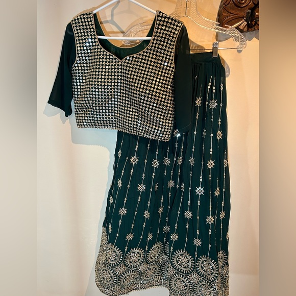 Lengha with top and dupatta, forest green, worn once - Picture 2 of 8